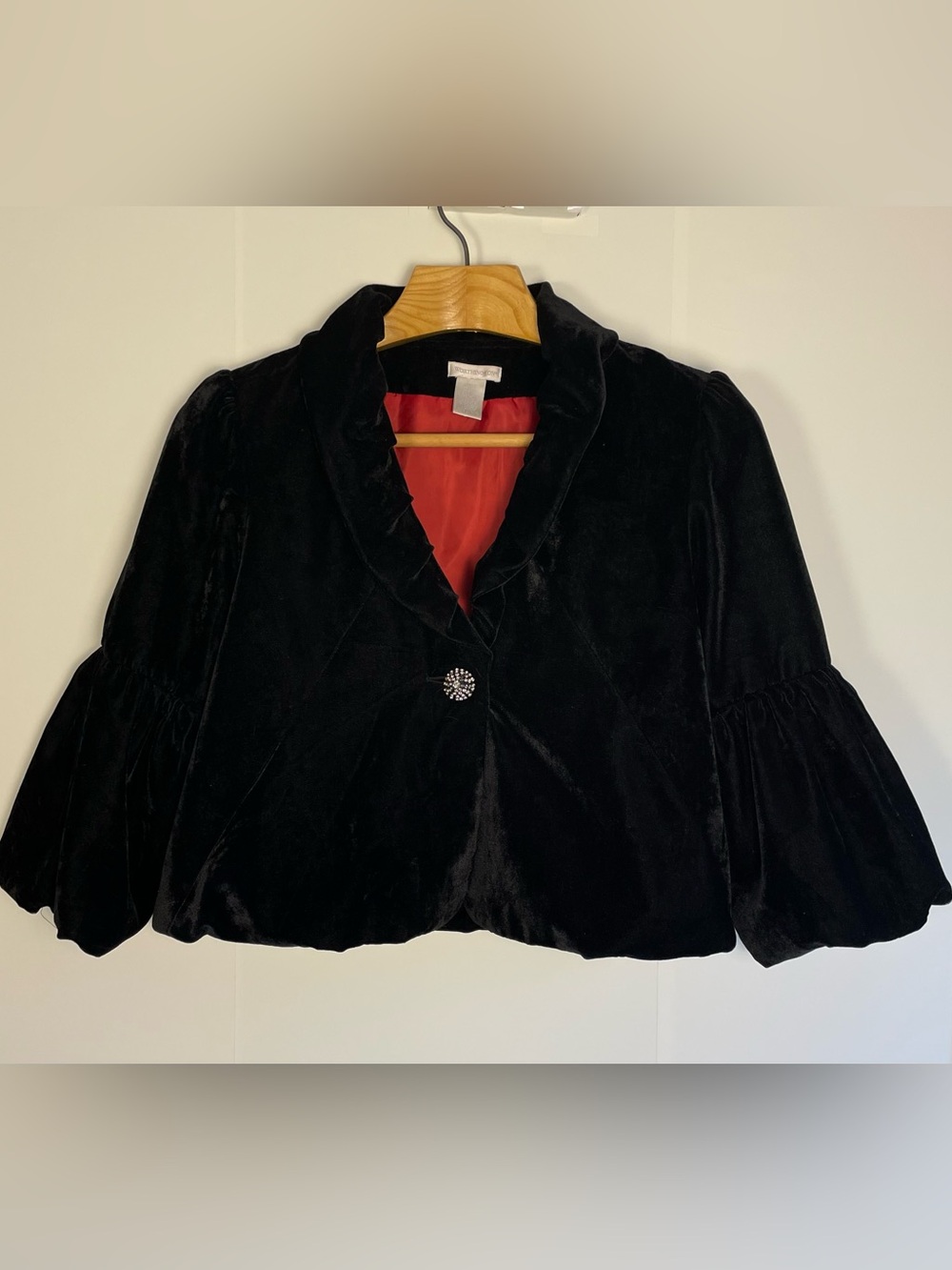 WORTHINGTON Cropped Black Velvet Blazer Jacket Rhinestone Button Red Lining: L